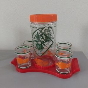 Vintage Hula dancer embossed Orange concentrate shaker and glasses tray set.